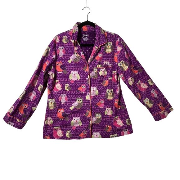 Nick & Nora Womens Flannel Pajama Top Size L Button Front Pink Owls - Picture 1 of 10